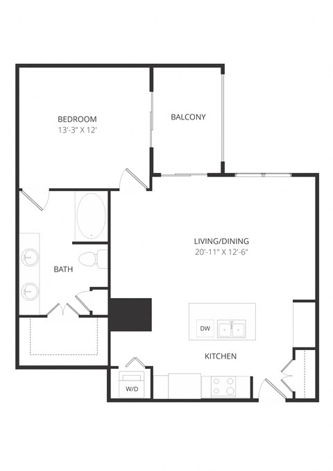 Floor plan for 1 bed, 1 bath, 870 sqft